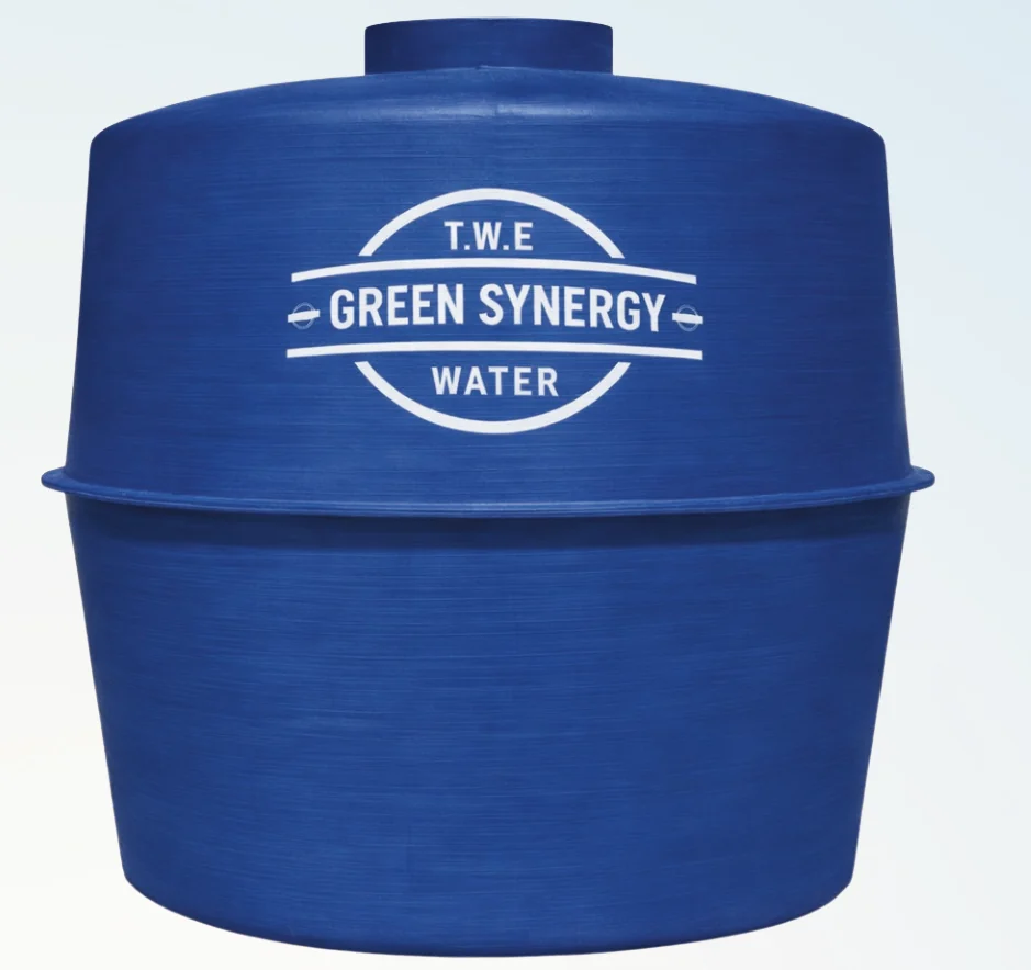 ถังเก็บน้ำดีไฟเบอร์กลาสทรงแอปเปิ้ล สีน้ำเงิน พ่นโลโก้ T.W.E GREEN SYNERGY WATER